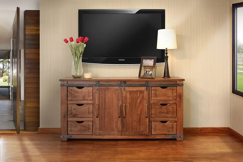 70" Brown Solid Wood Enclosed Storage Distressed TV Stand HomeRoots