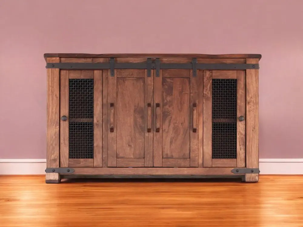 60" Brown Solid Wood Cabinet Enclosed Storage Distressed TV Stand HomeRoots