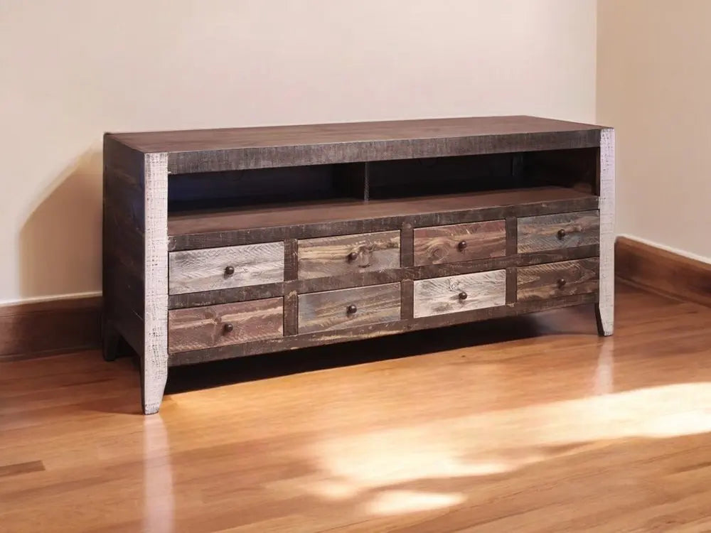 61" Brown Solid Wood Cabinet Enclosed Storage Distressed TV Stand HomeRoots