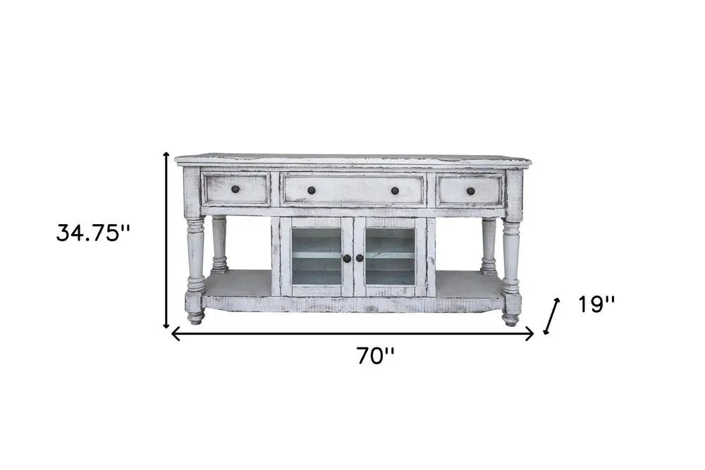 70" White Solid Wood Open shelving Distressed TV Stand HomeRoots