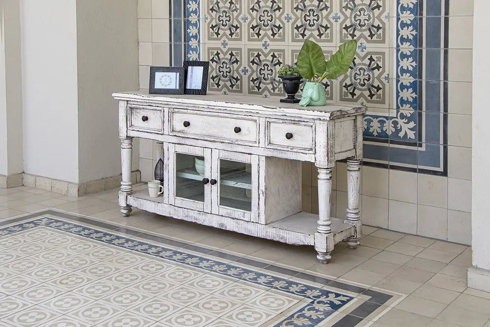 70" White Solid Wood Open shelving Distressed TV Stand HomeRoots