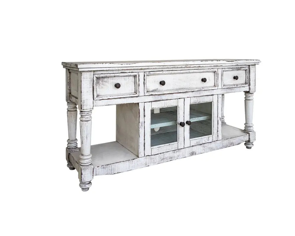 70" White Solid Wood Open shelving Distressed TV Stand HomeRoots