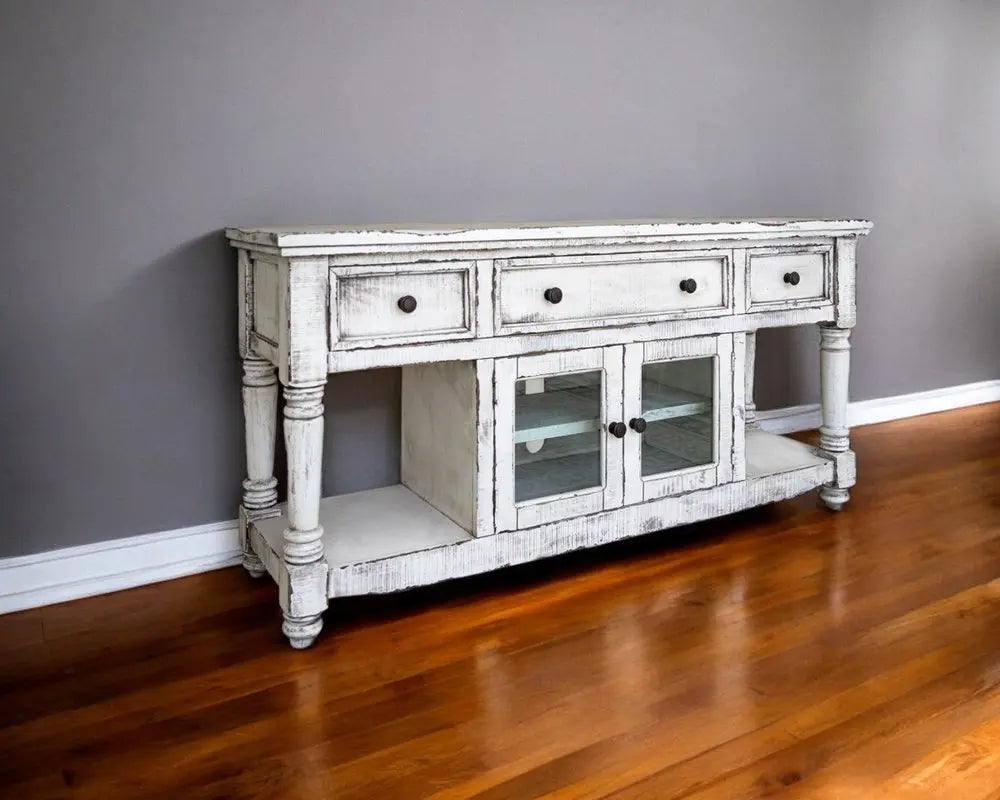 70" White Solid Wood Open shelving Distressed TV Stand HomeRoots