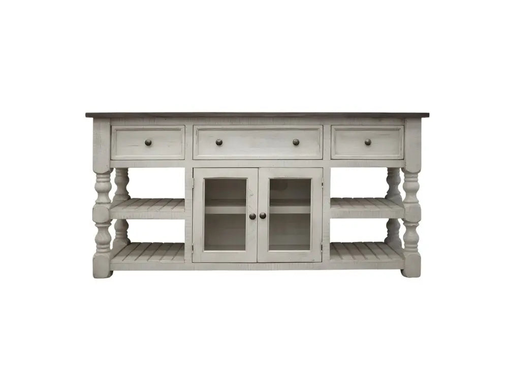70" Ivory Solid Wood Open shelving Distressed TV Stand HomeRoots