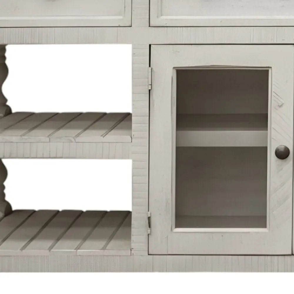 81" Ivory Solid Wood Open shelving Distressed TV Stand HomeRoots