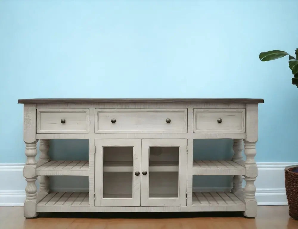 81" Ivory Solid Wood Open shelving Distressed TV Stand HomeRoots