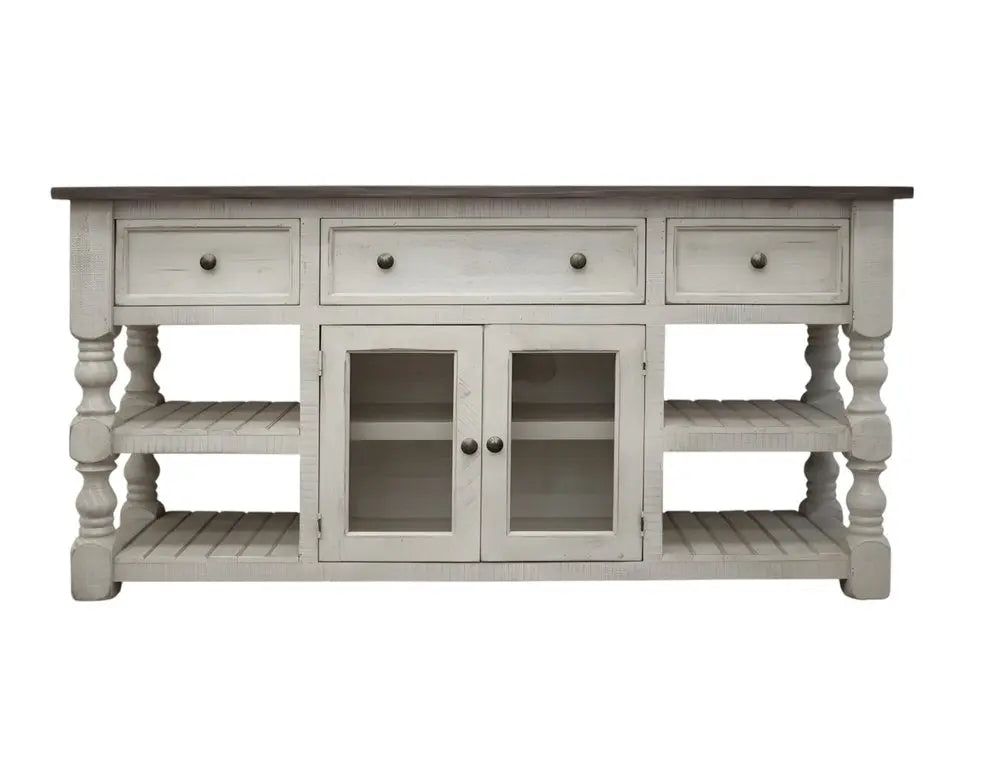 81" Ivory Solid Wood Open shelving Distressed TV Stand HomeRoots