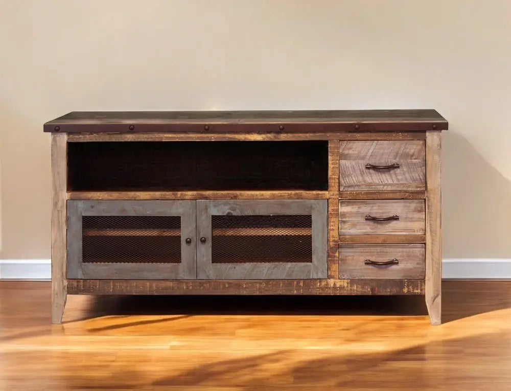 61" Brown Solid Wood Cabinet Enclosed Storage Distressed TV Stand HomeRoots