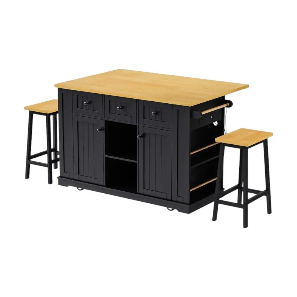 53" Black Wood Barn Door Rolling Kitchen Island Set With Storage With USB - NOVA HOME FURNITURE