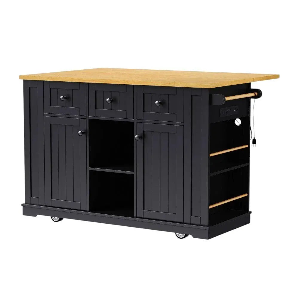 53" Black Wood Barn Door Rolling Kitchen Island Set With Storage With USB - NOVA HOME FURNITURE