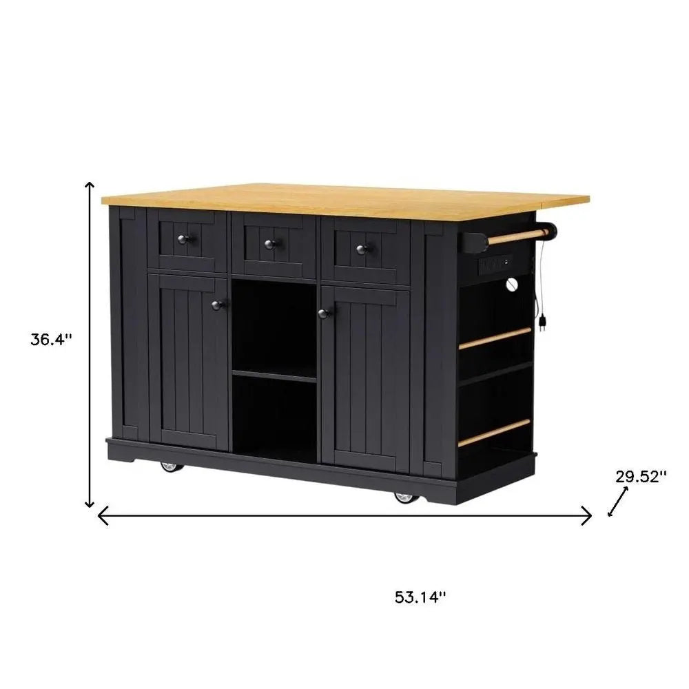 53" Black Wood Barn Door Rolling Kitchen Island Set With Storage With USB - NOVA HOME FURNITURE