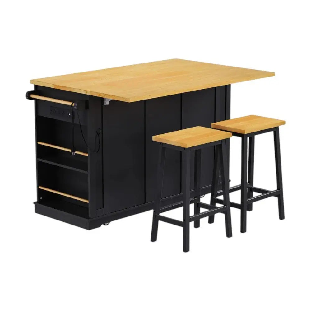 53" Black Wood Barn Door Rolling Kitchen Island Set With Storage With USB - NOVA HOME FURNITURE