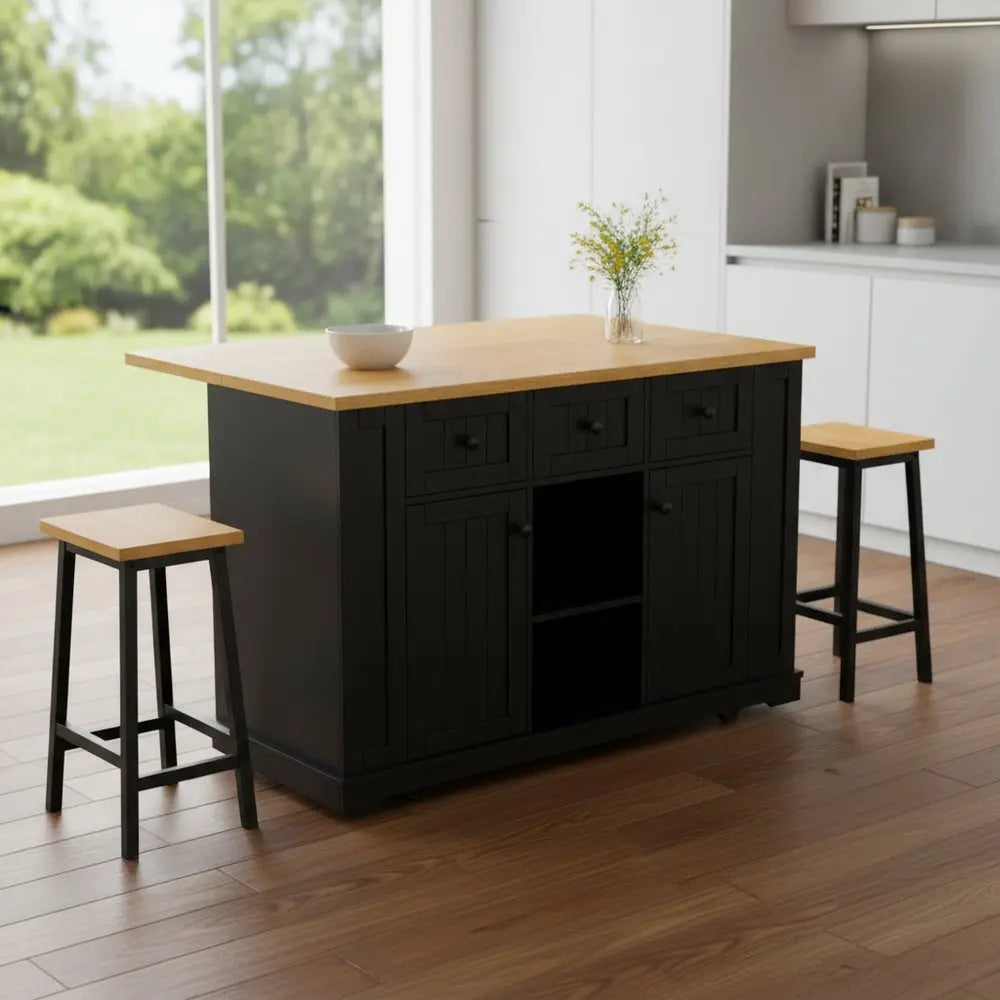 53" Black Wood Barn Door Rolling Kitchen Island Set With Storage With USB - NOVA HOME FURNITURE