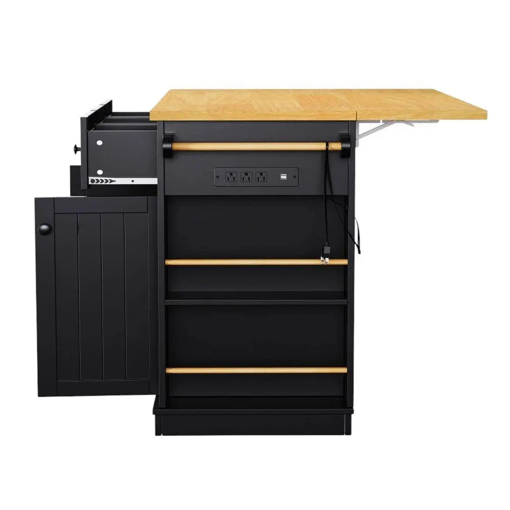 53" Black Wood Barn Door Rolling Kitchen Island Set With Storage With USB - NOVA HOME FURNITURE