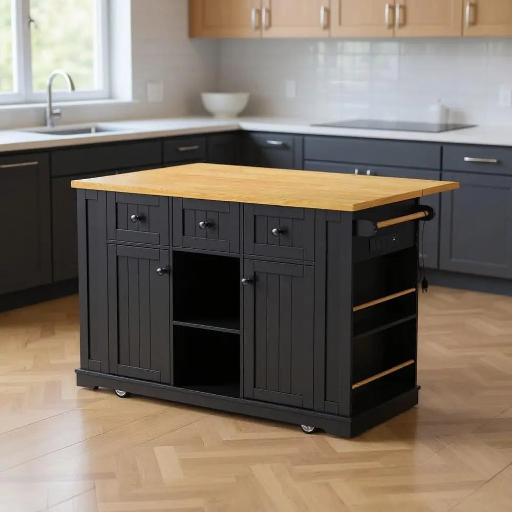 53" Black Wood Barn Door Rolling Kitchen Island With Storage With USB - NOVA HOME FURNITURE