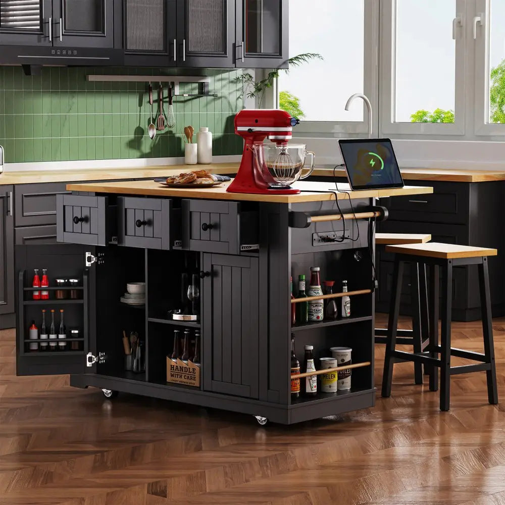 53" Black Wood Barn Door Rolling Kitchen Island With Storage With USB - NOVA HOME FURNITURE
