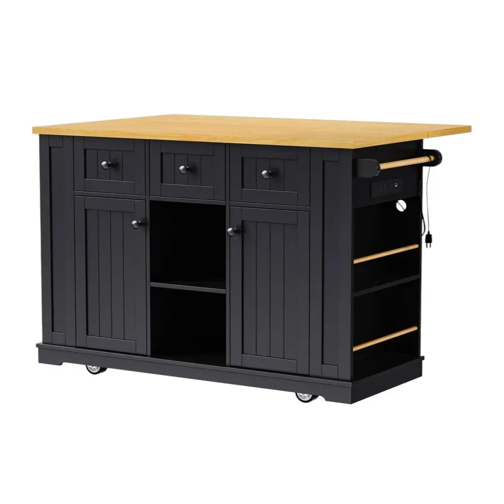 53" Black Wood Barn Door Rolling Kitchen Island With Storage With USB - NOVA HOME FURNITURE