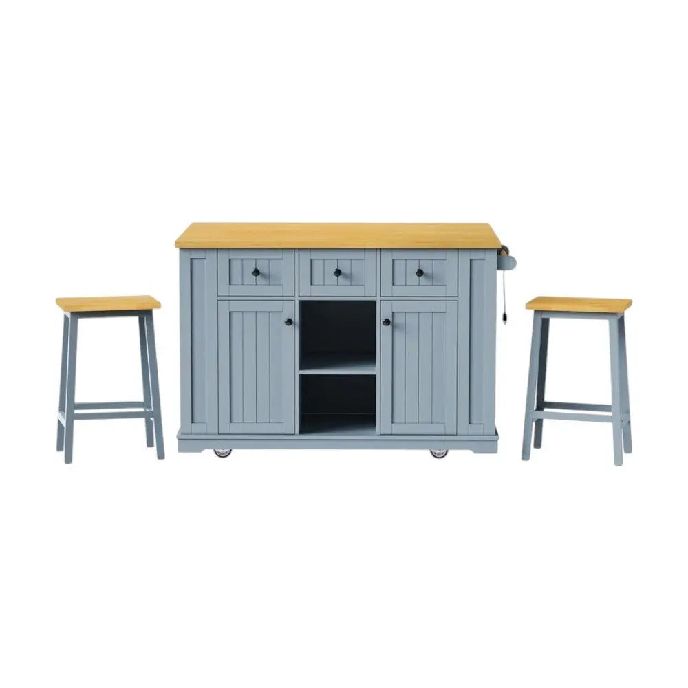 53" Light Blue Wood Barn Door Rolling Kitchen Island Set With Storage With USB - NOVA HOME FURNITURE