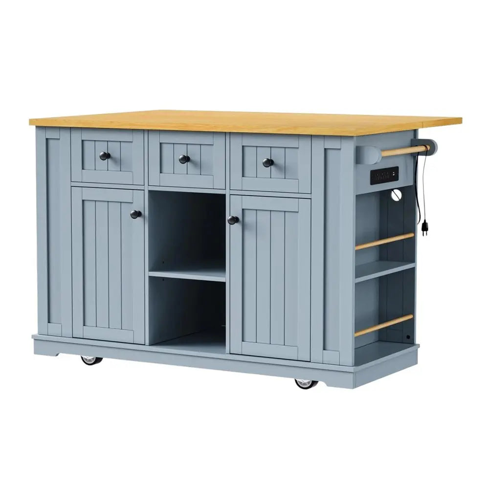 53" Light Blue Wood Barn Door Rolling Kitchen Island Set With Storage With USB - NOVA HOME FURNITURE