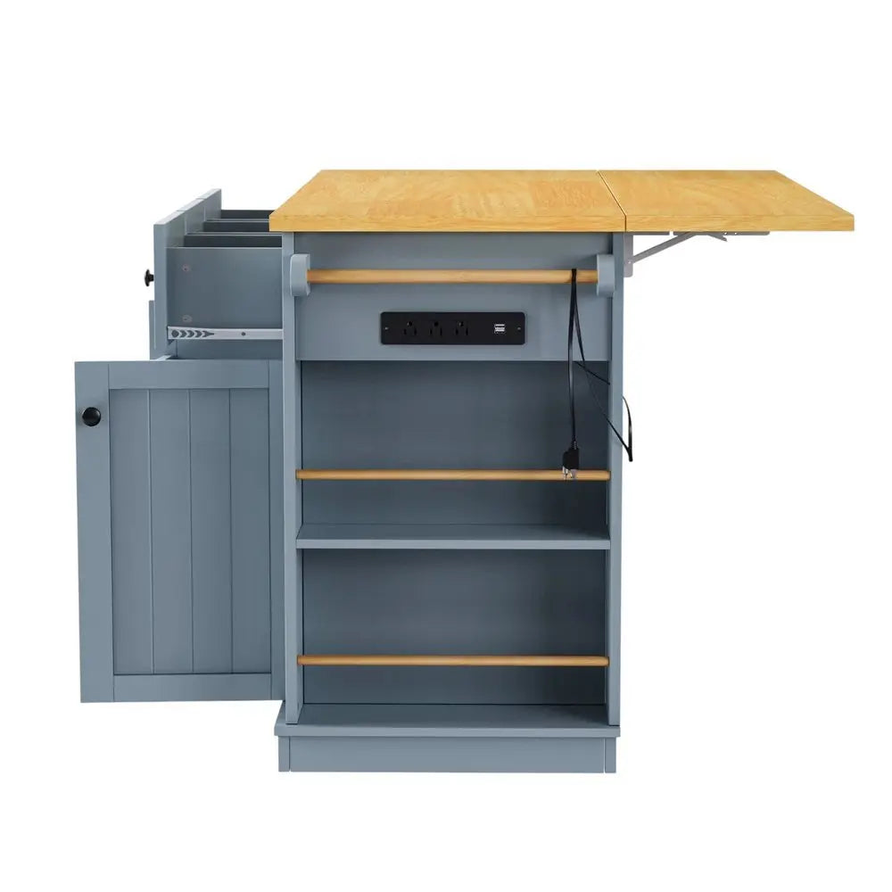 53" Light Blue Wood Barn Door Rolling Kitchen Island With Storage With USB - NOVA HOME FURNITURE