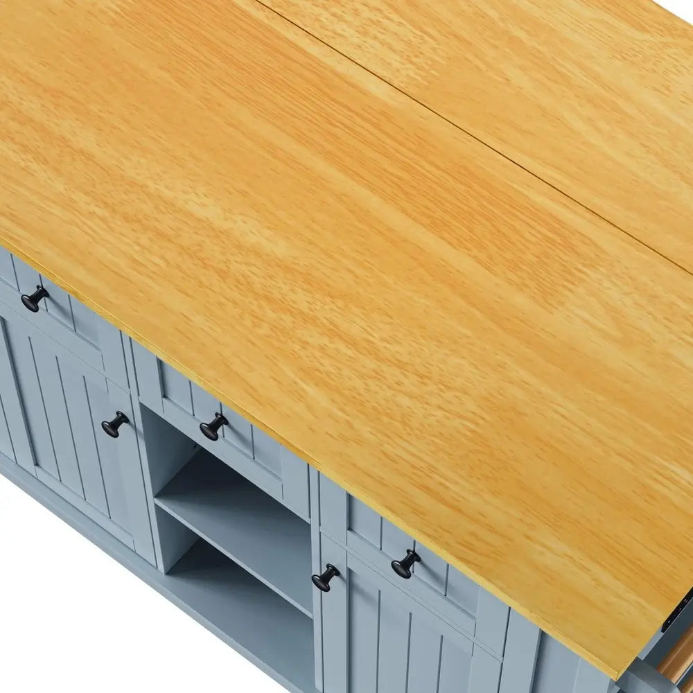 53" Light Blue Wood Barn Door Rolling Kitchen Island With Storage With USB - NOVA HOME FURNITURE