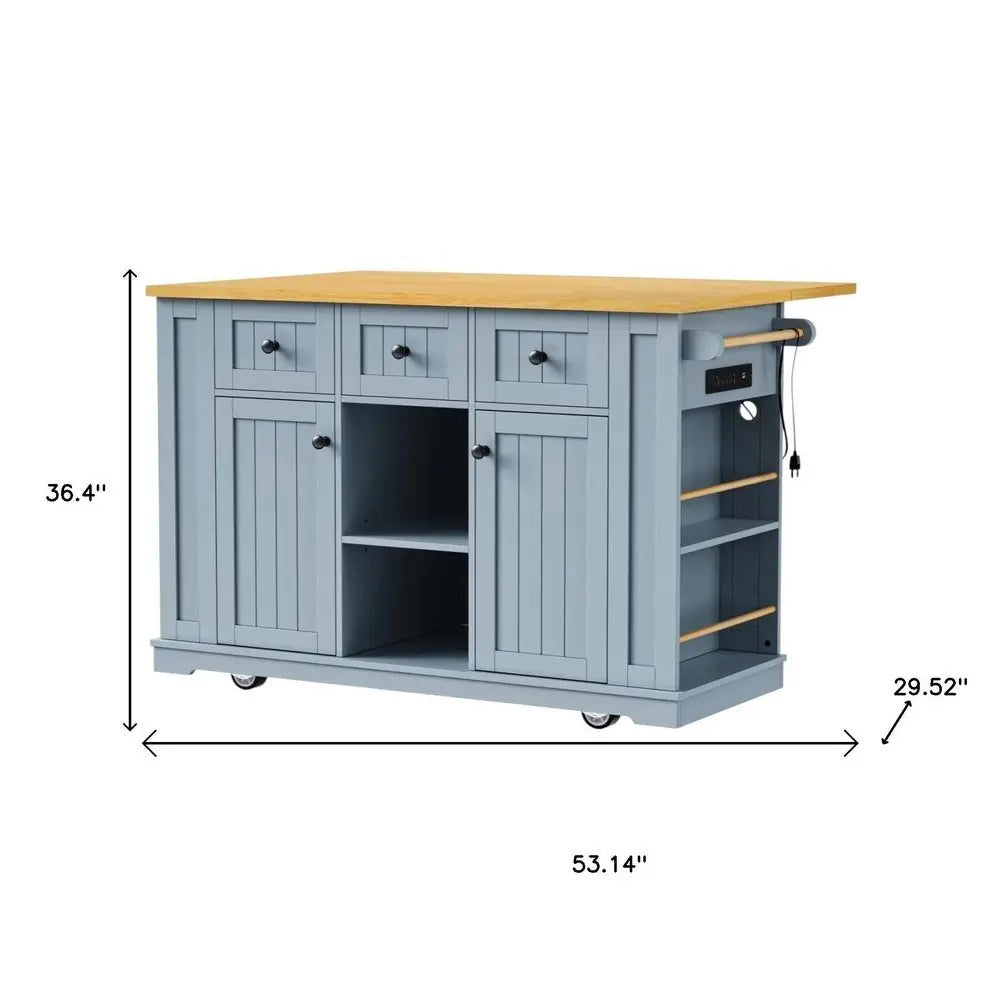 53" Light Blue Wood Barn Door Rolling Kitchen Island With Storage With USB - NOVA HOME FURNITURE