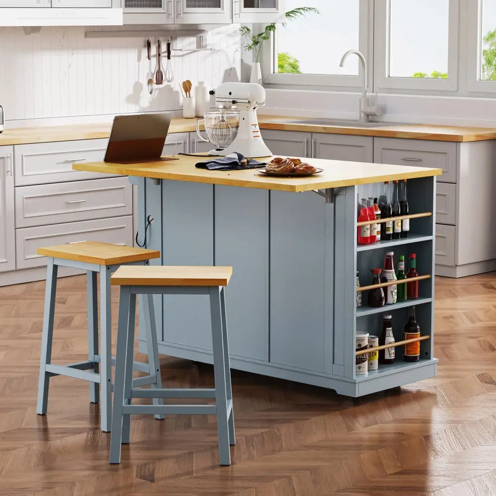 53" Light Blue Wood Barn Door Rolling Kitchen Island With Storage With USB - NOVA HOME FURNITURE