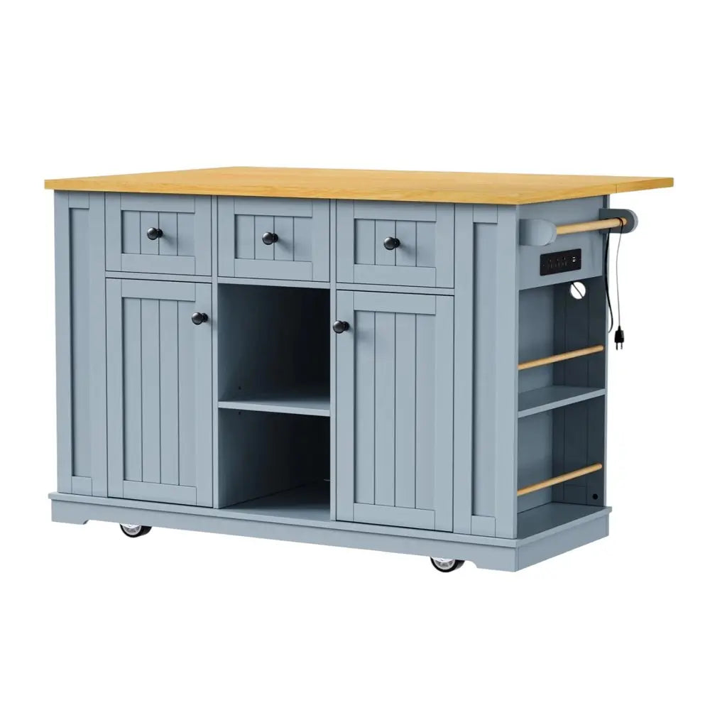 53" Light Blue Wood Barn Door Rolling Kitchen Island With Storage With USB - NOVA HOME FURNITURE