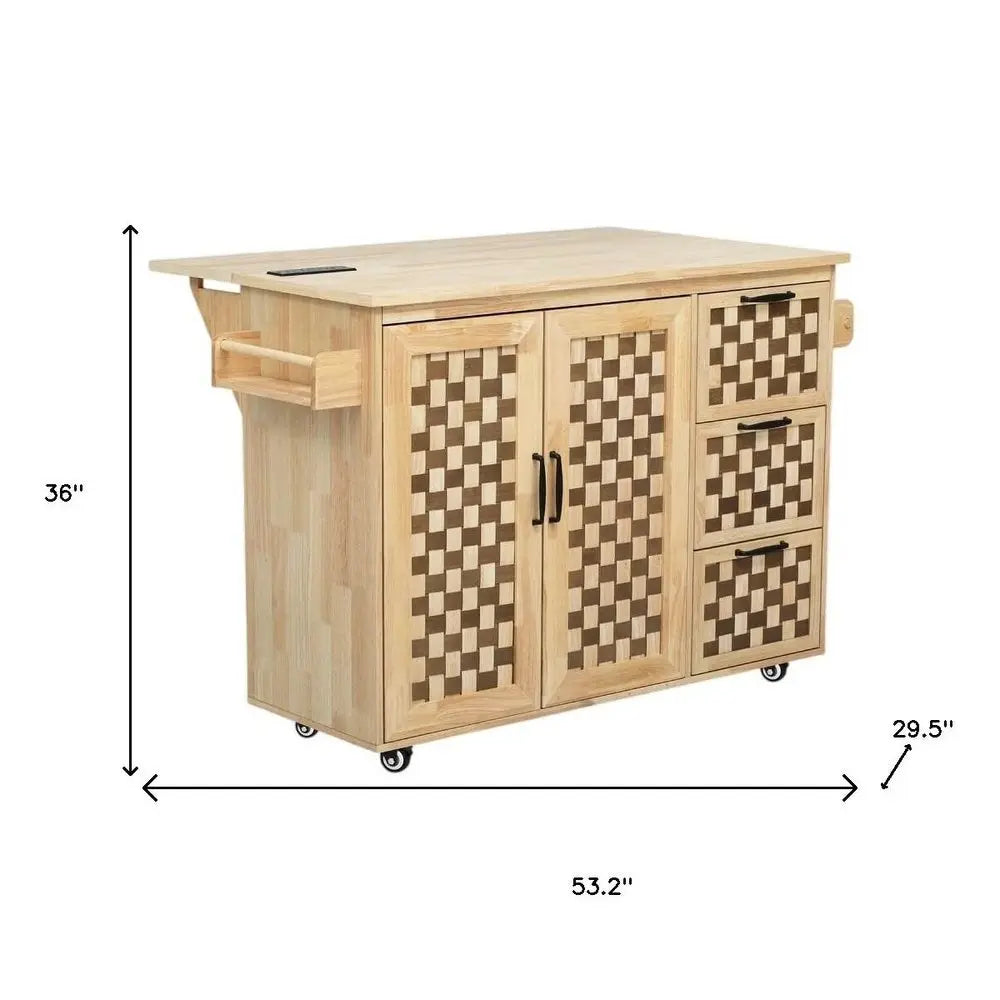 53" Natural Wood Barn Door Rolling Kitchen Island With USB - NOBLE HOME INTERIORS