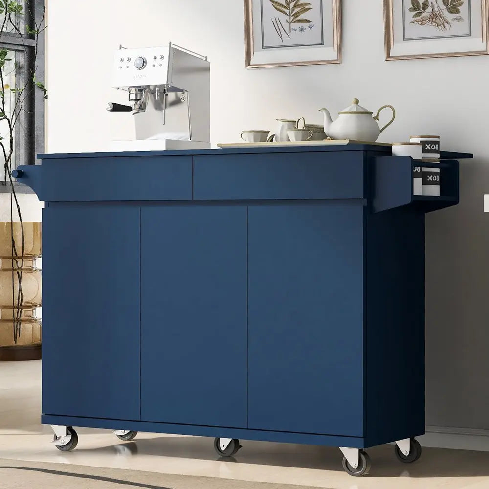 53" Navy Blue Wood Barn Door Rolling Kitchen Island - NOVA HOME FURNITURE