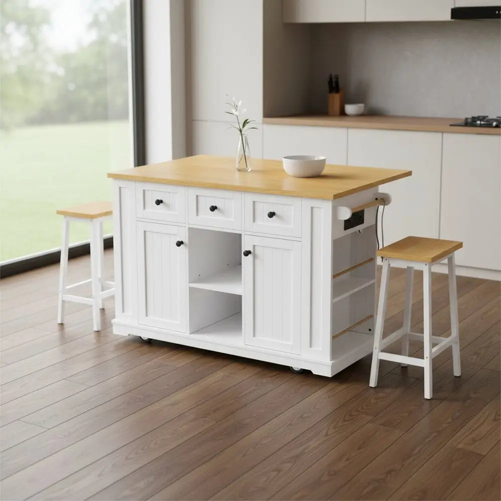53" White Wood Barn Door Rolling Kitchen Island Set With Storage With USB - NOVA HOME FURNITURE