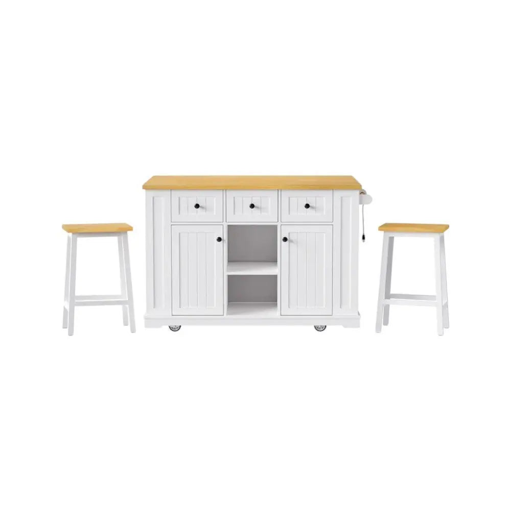 53" White Wood Barn Door Rolling Kitchen Island Set With Storage With USB - NOVA HOME FURNITURE