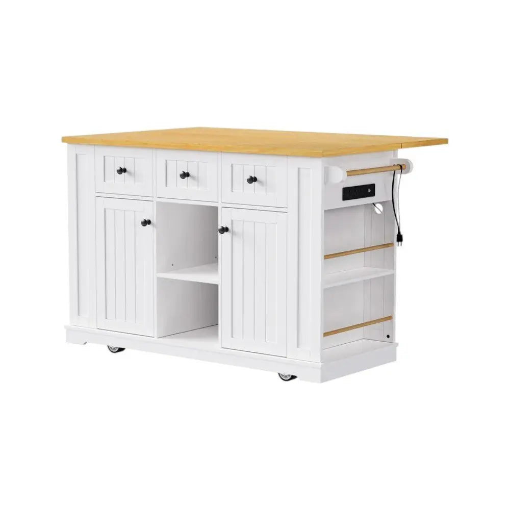 53" White Wood Barn Door Rolling Kitchen Island Set With Storage With USB - NOVA HOME FURNITURE