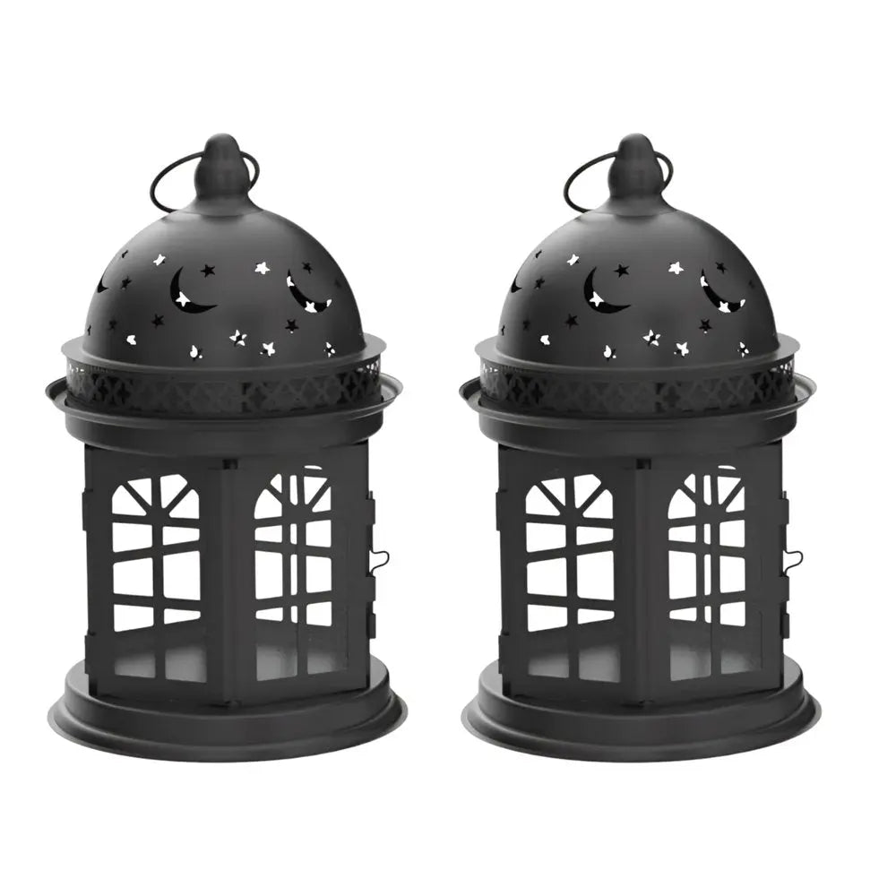 Set of Two Black Metal Celestial Tabletop Lantern Candle Holders HomeRoots