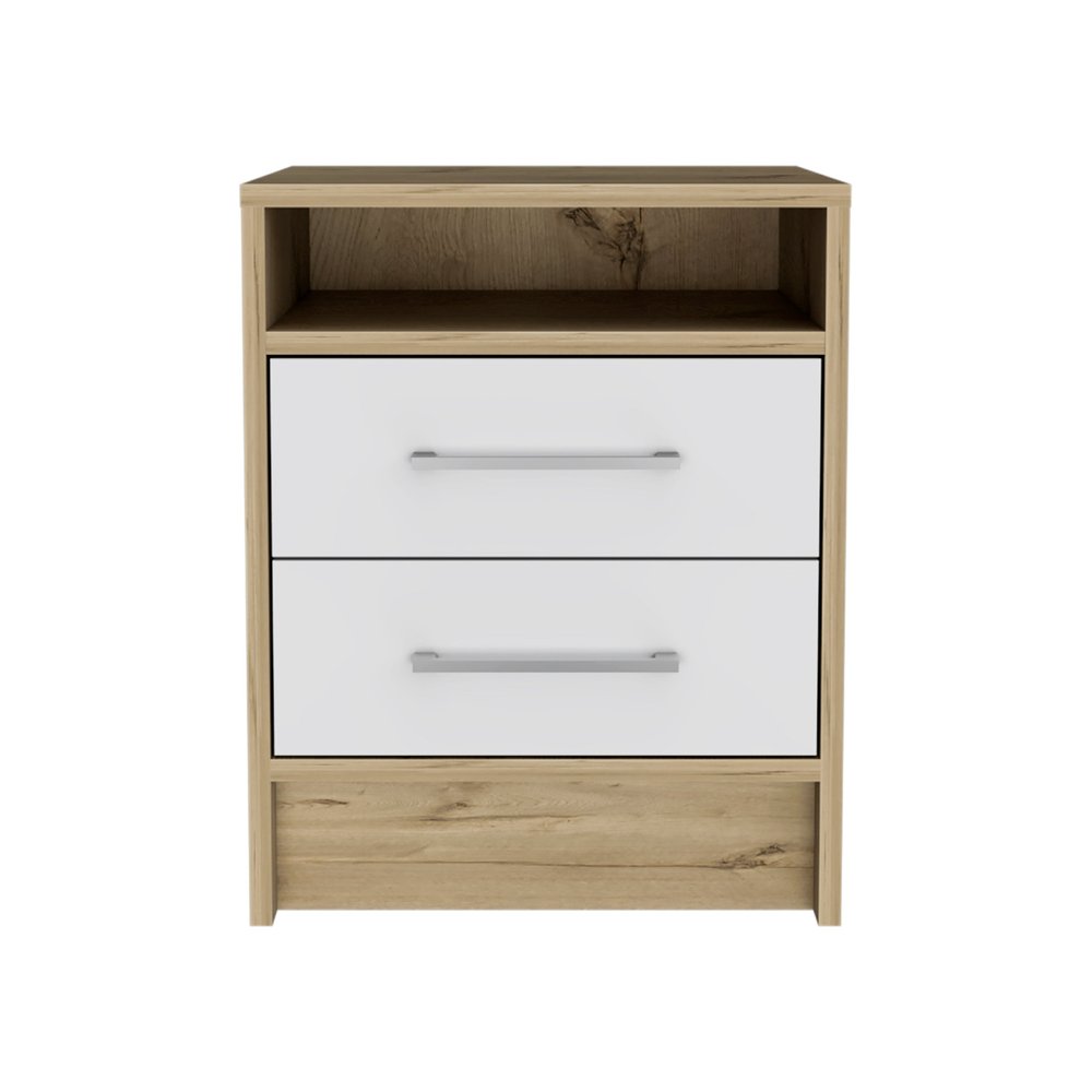 20" White And Natural Wood Two Drawer Nightstand