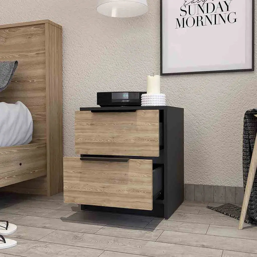 19" Black And Natural Wood Two Drawer Nightstand HomeRoots