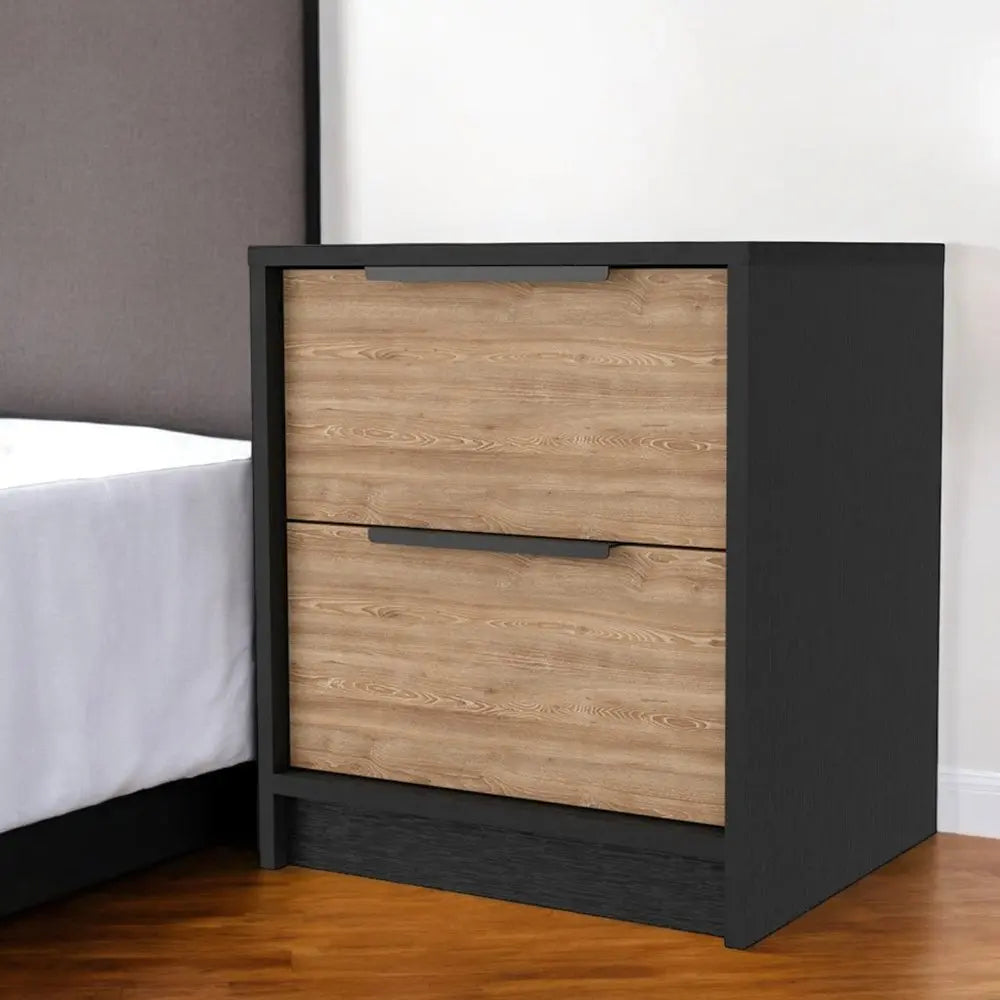 19" Black And Natural Wood Two Drawer Nightstand HomeRoots