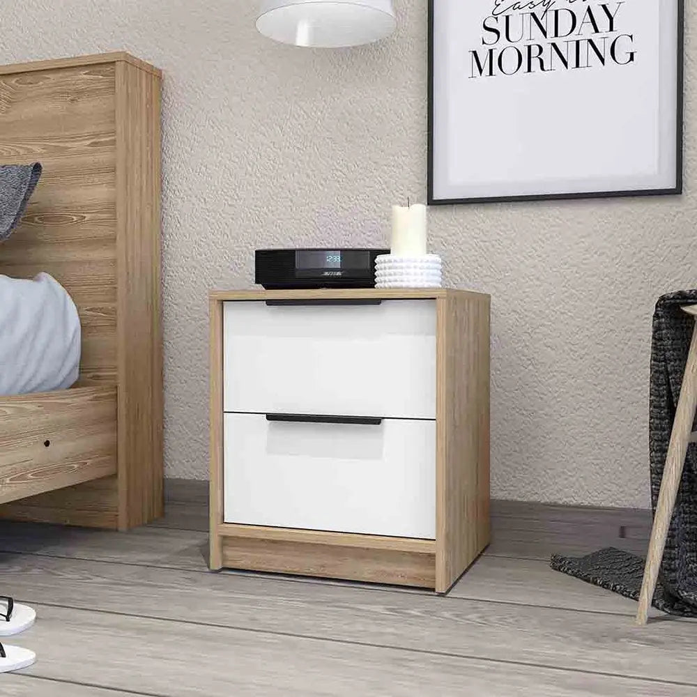 19" White And Natural Wood Two Drawer Nightstand HomeRoots