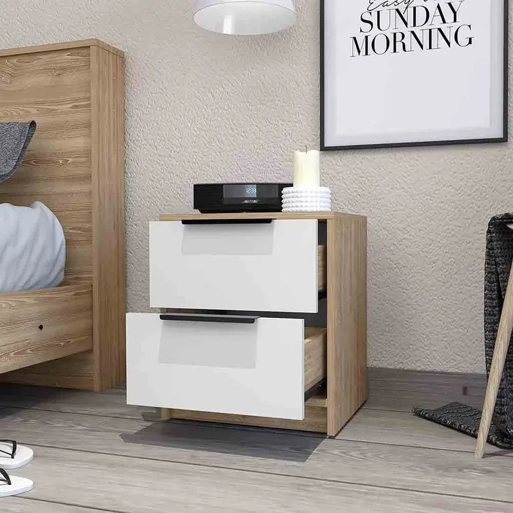 19" White And Natural Wood Two Drawer Nightstand HomeRoots
