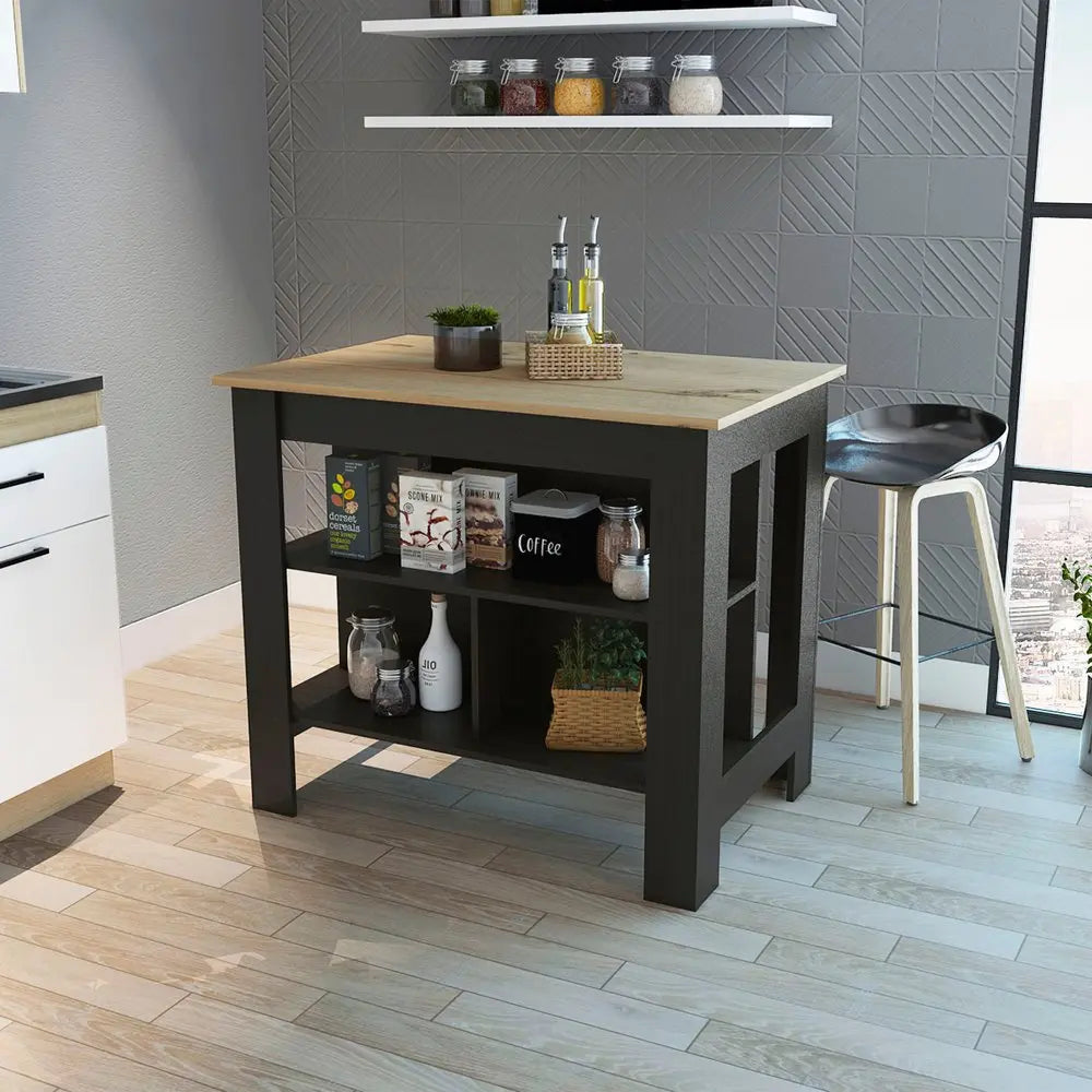 Black and Oak 41" Kitchen Island With Storage HomeRoots