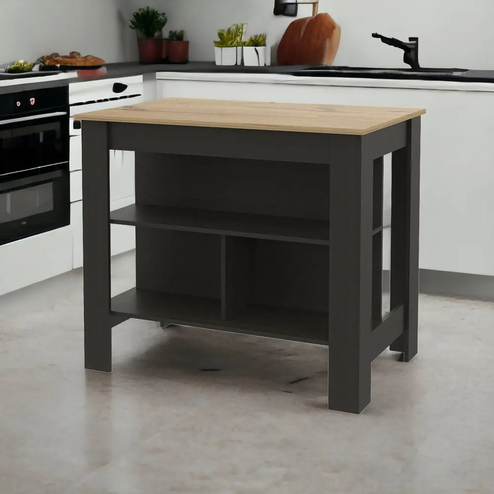 Black and Oak 41" Kitchen Island With Storage HomeRoots