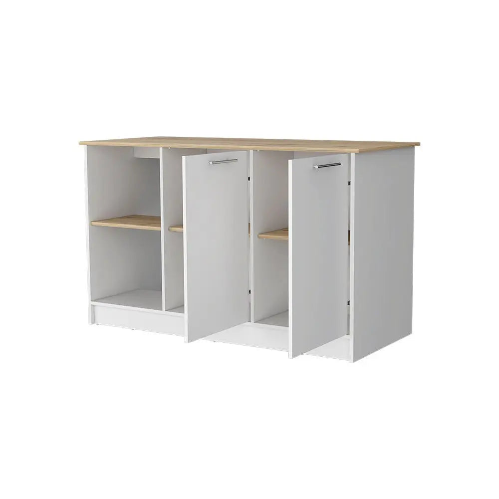White and Oak 59" Kitchen Island With Storage HomeRoots
