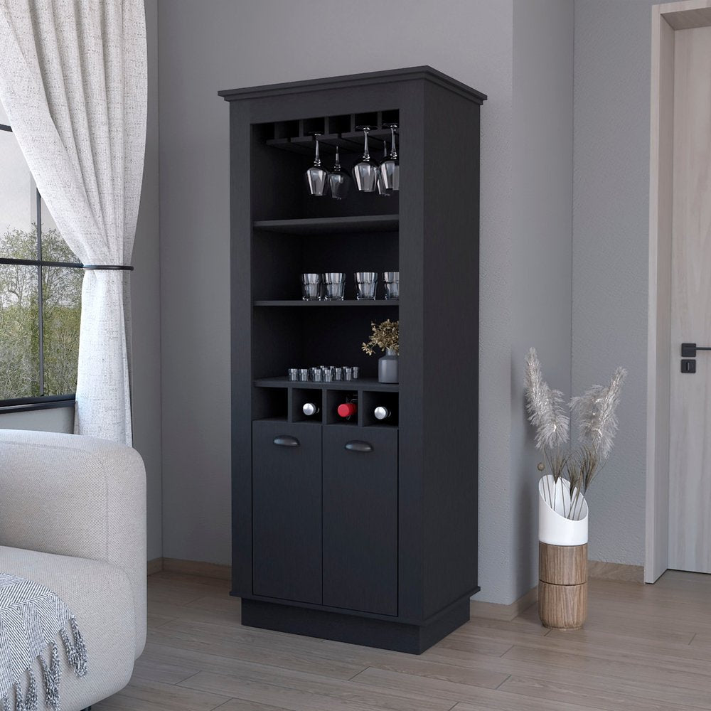 Mueble bar negro de 70" con almacenamiento para vinos