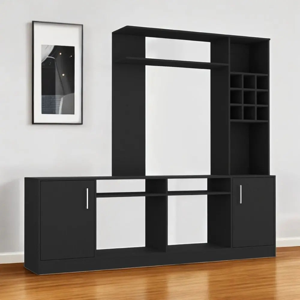 78" Black Wood Enclosed and Open Storage Entertainment Center with Bookcase HomeRoots