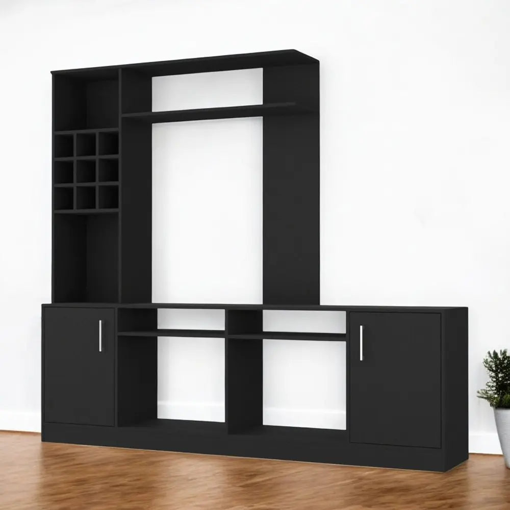 78" Black Wood Enclosed and Open Storage Entertainment Center with Bookcase HomeRoots