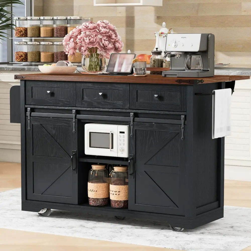 54" Black Wood Barn Door Rolling Kitchen Island With USB - NOVA HOME FURNITURE