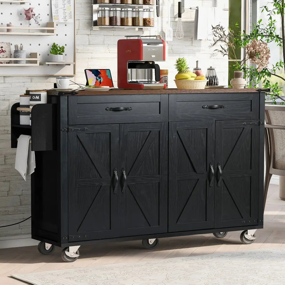 54" Black Wood Barn Door Rolling Kitchen Island With USB - NOVA HOME FURNITURE