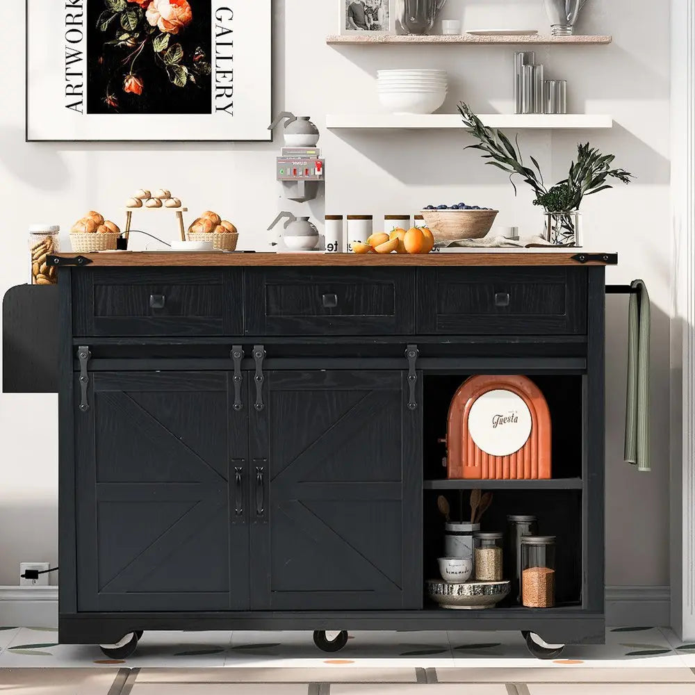 54" Black Wood Barn Door Rolling Kitchen Island With USB - NOVA HOME FURNITURE
