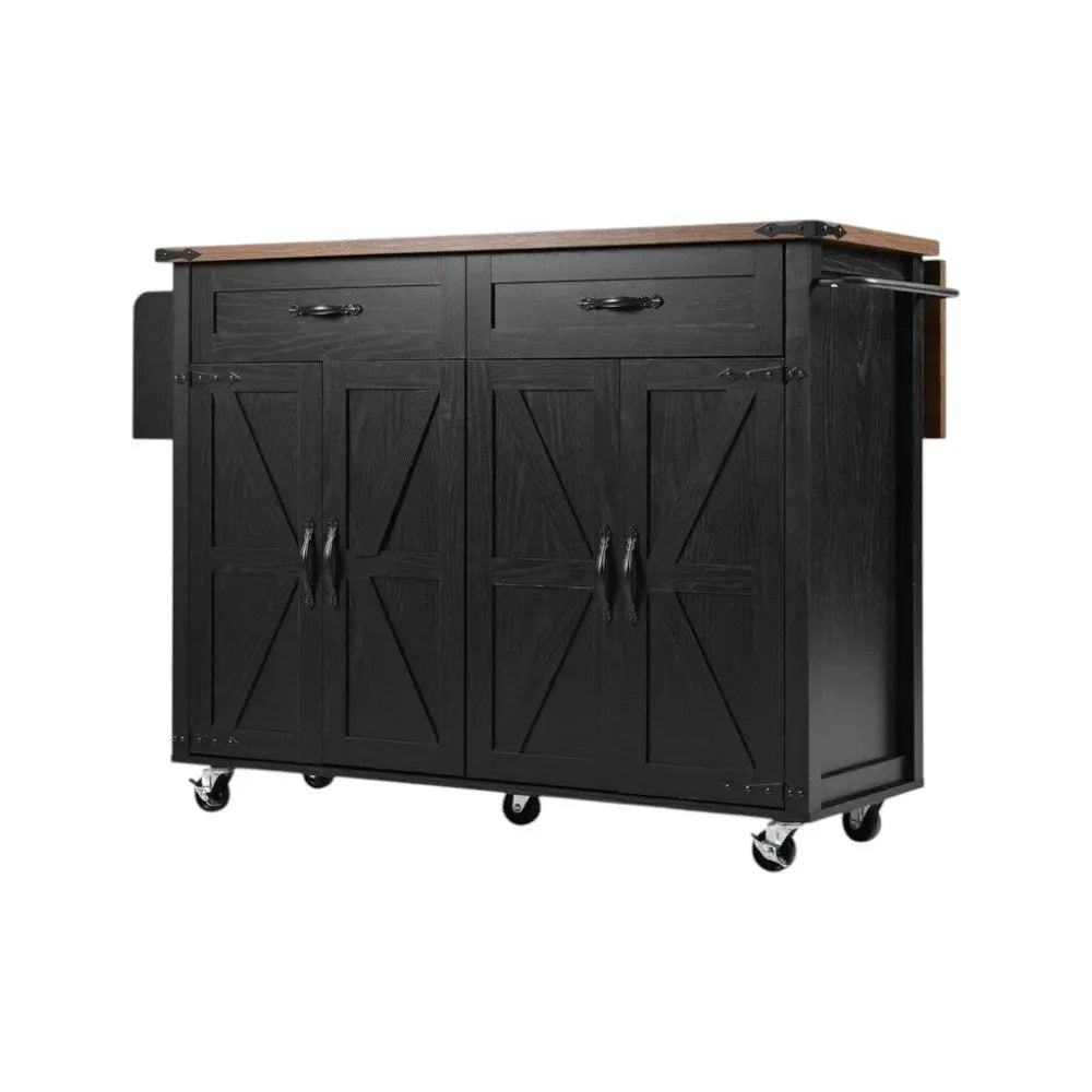 54" Black Wood Barn Door Rolling Kitchen Island With USB - NOVA HOME FURNITURE