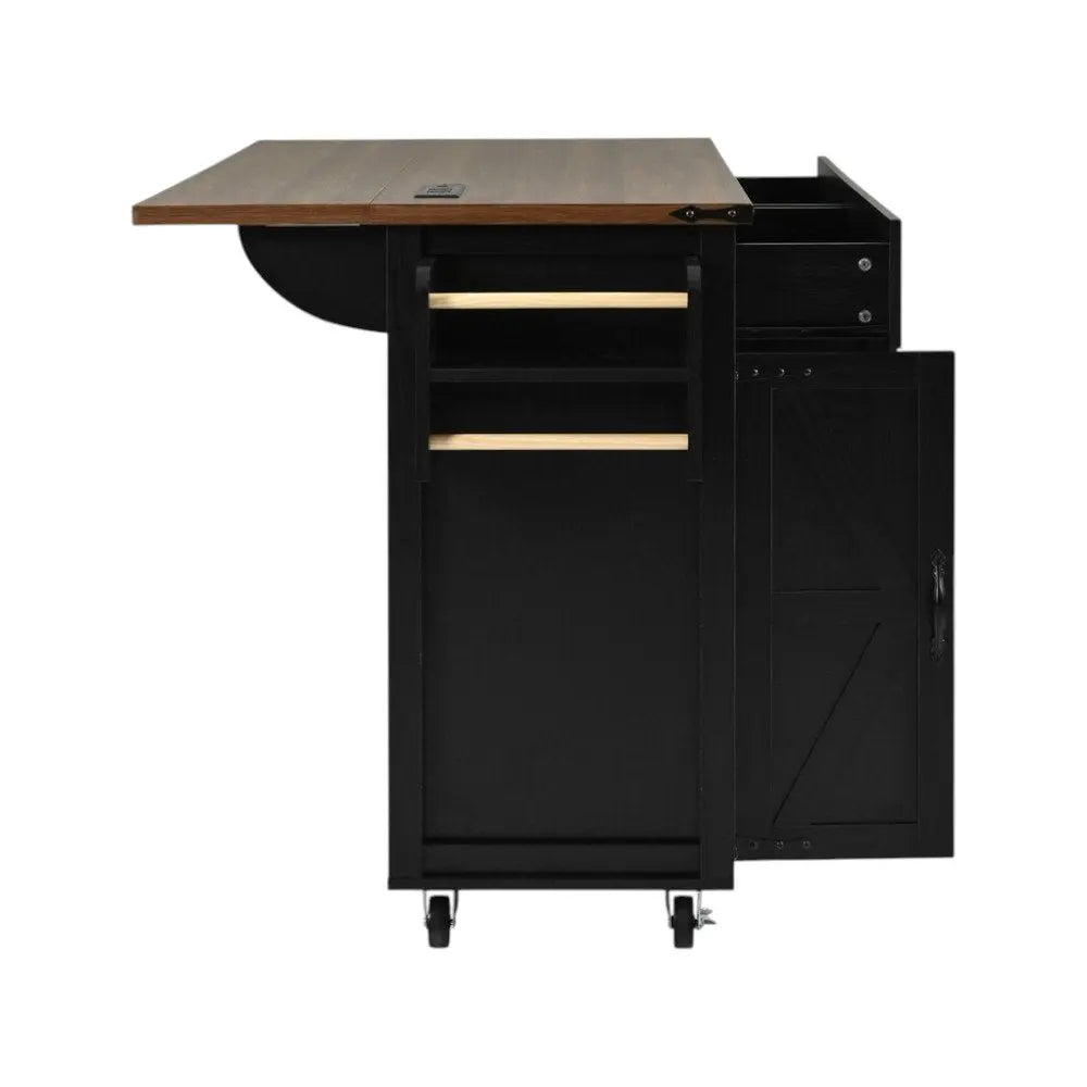 54" Black Wood Barn Door Rolling Kitchen Island With USB - NOVA HOME FURNITURE